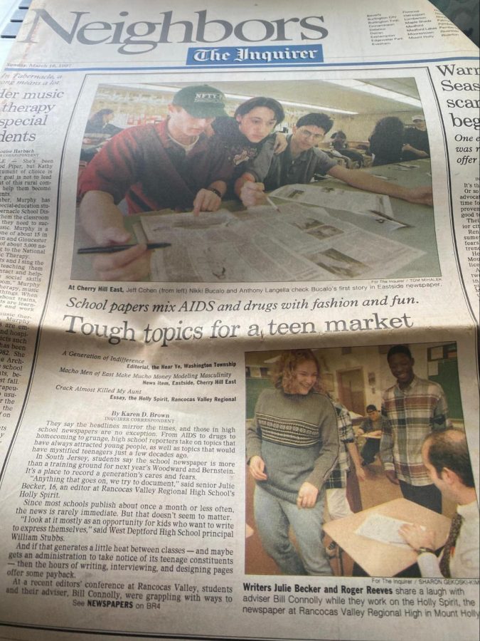 English teacher Julie Becker as an Editor for the Holly Spirit in 1997. Becker and her staff were featured in the Philadelphia Inquirers spread about successful student newspapers in the tristate area