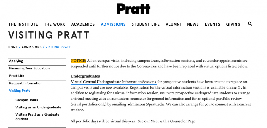 A+screenshot+of+the+Pratt+Institutes+prospective+student+page%2C+which+shows+its+cancellation+of+in-person+tours