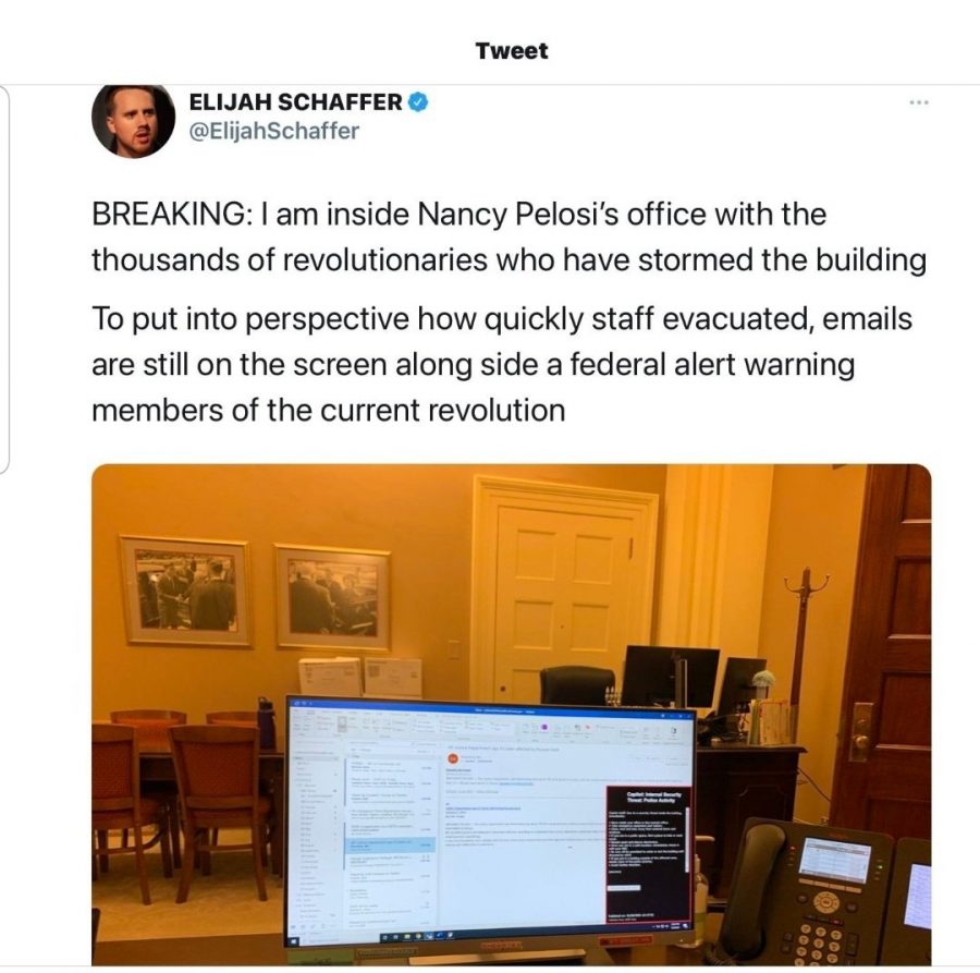 Pro-Trump rioter and YouTube personality Elijah Schaffer tweets from Speaker Nancy Pelosis office on Wednesday