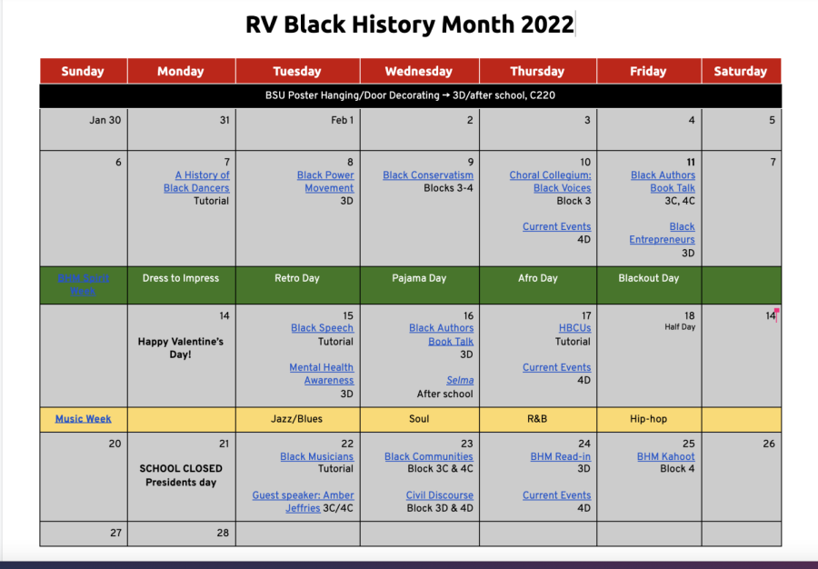 RVs Black History Month calendar of events is available to all students