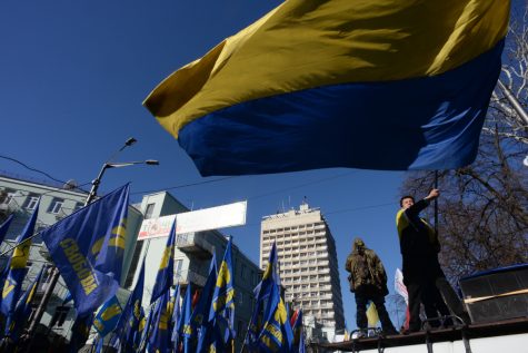 Protester waving state flag of Ukraine expressing his support during clashes in Kyiv, Ukraine. 