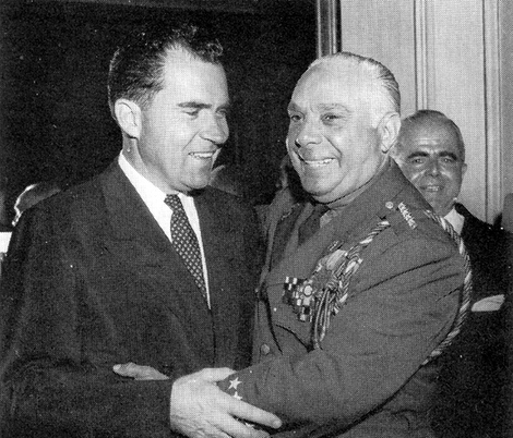 Former president Richard Nixon shaking hands with Dominican dictator Rafael Trujillo