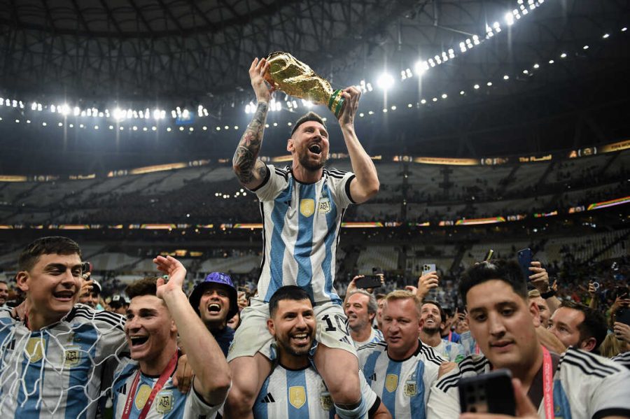 Lionel+Messi+of+Argentina+celebrates+with+the+FIFA+World+Cup+Qatar+2022+Winners+Trophy+