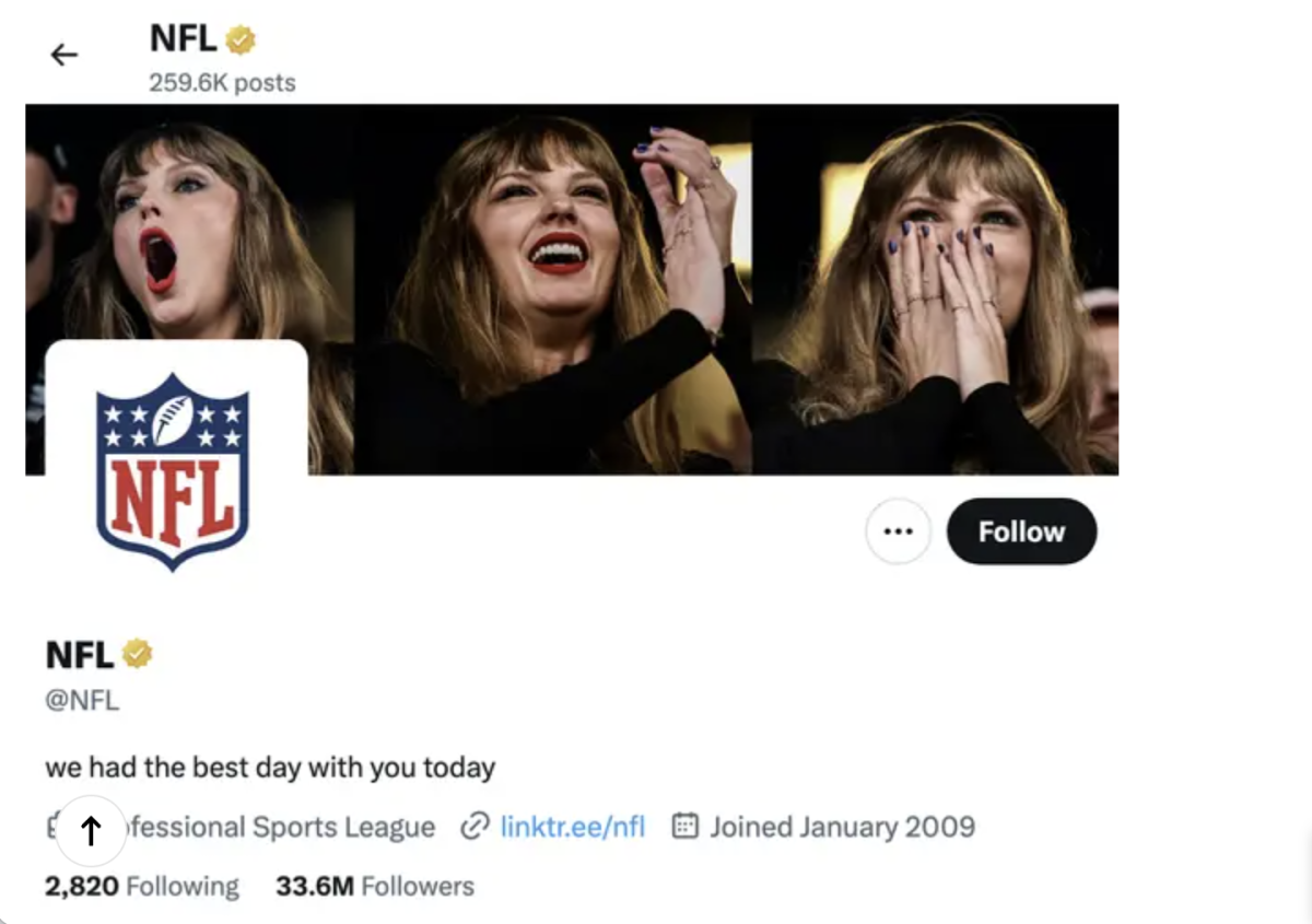 The NFL briefly changed its Twitter banner to images of Taylor Swift with lyrics from one of her songs after the Chiefs' October 1 win