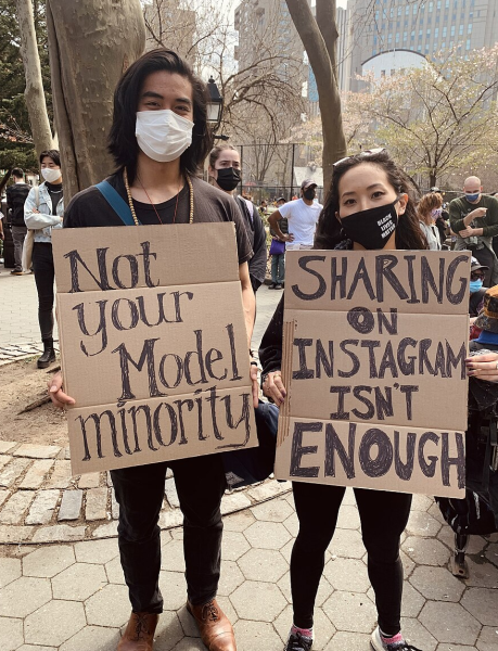 Demonstrators at a rally in New York City in April 2021
