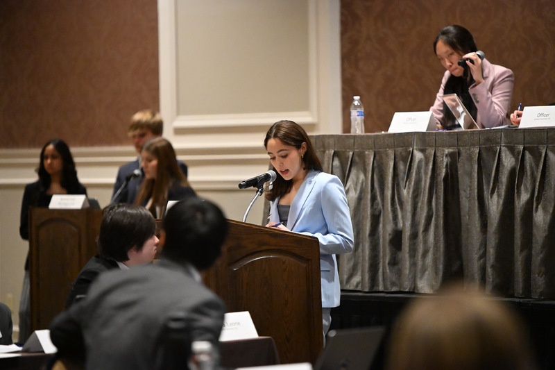 During the 2025 YMCA Model United Nations Conference, Hailey gives a speech as a delegate in General Assembly B, representing the Rancocas Valley Delegation.