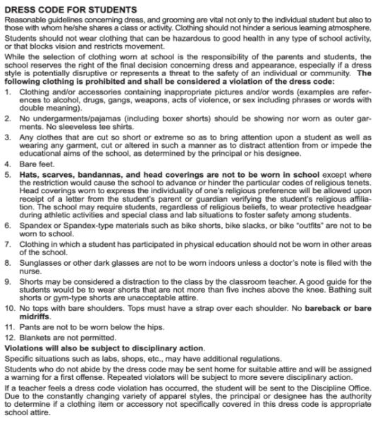 Photo of RVRHS dress code as published in student agenda books.